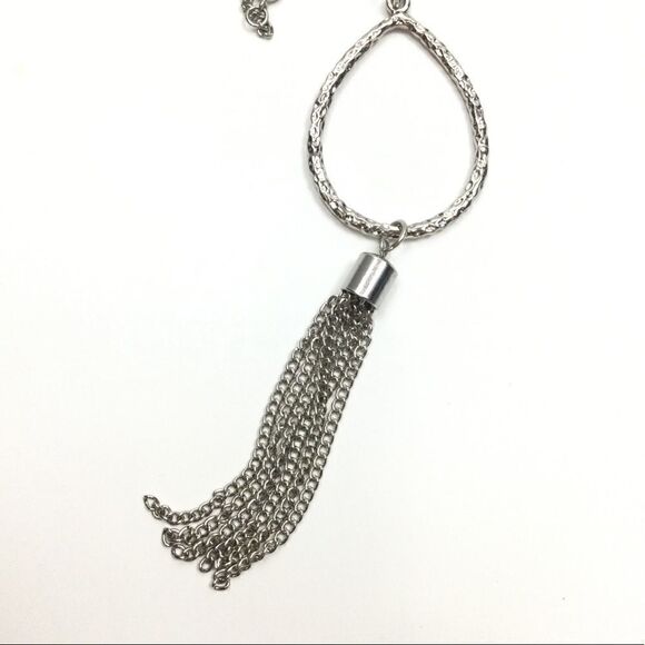 Silver Chain Necklace, Pounded Silver Drop, Tassel - Picture 3 of 9